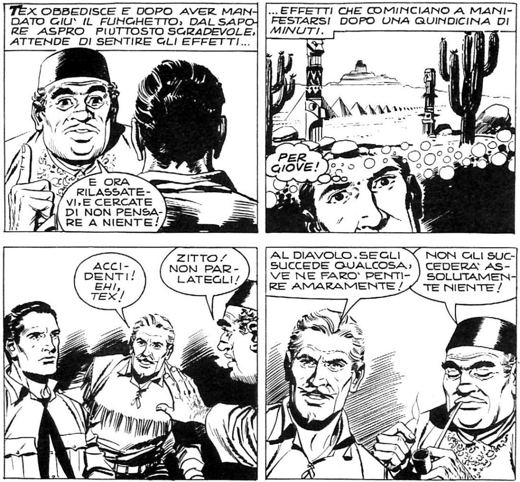 Diante dos olhos de Carson, que não esconde a sua preocupação, a viagem alucinógena de Tex tem início - Tex 77, página 69