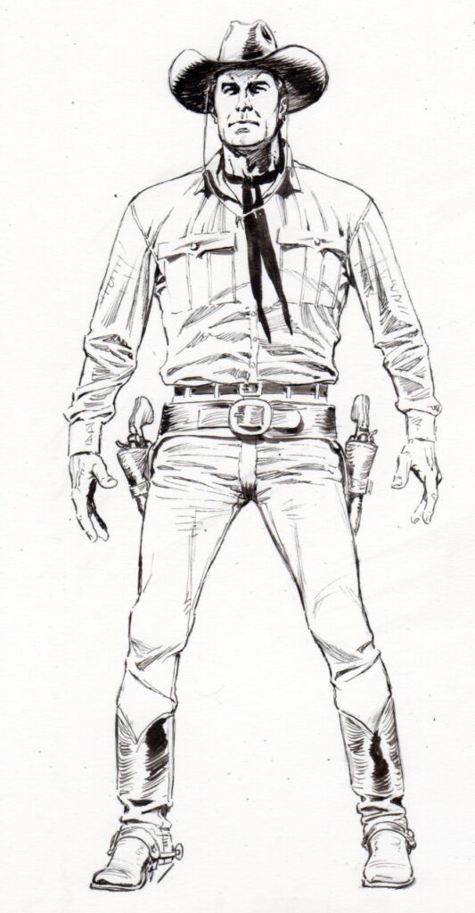 Primeiro plano artefinalizado a tinta da china da capa de Tex Magazine 75, da autoria de Claudio Villa