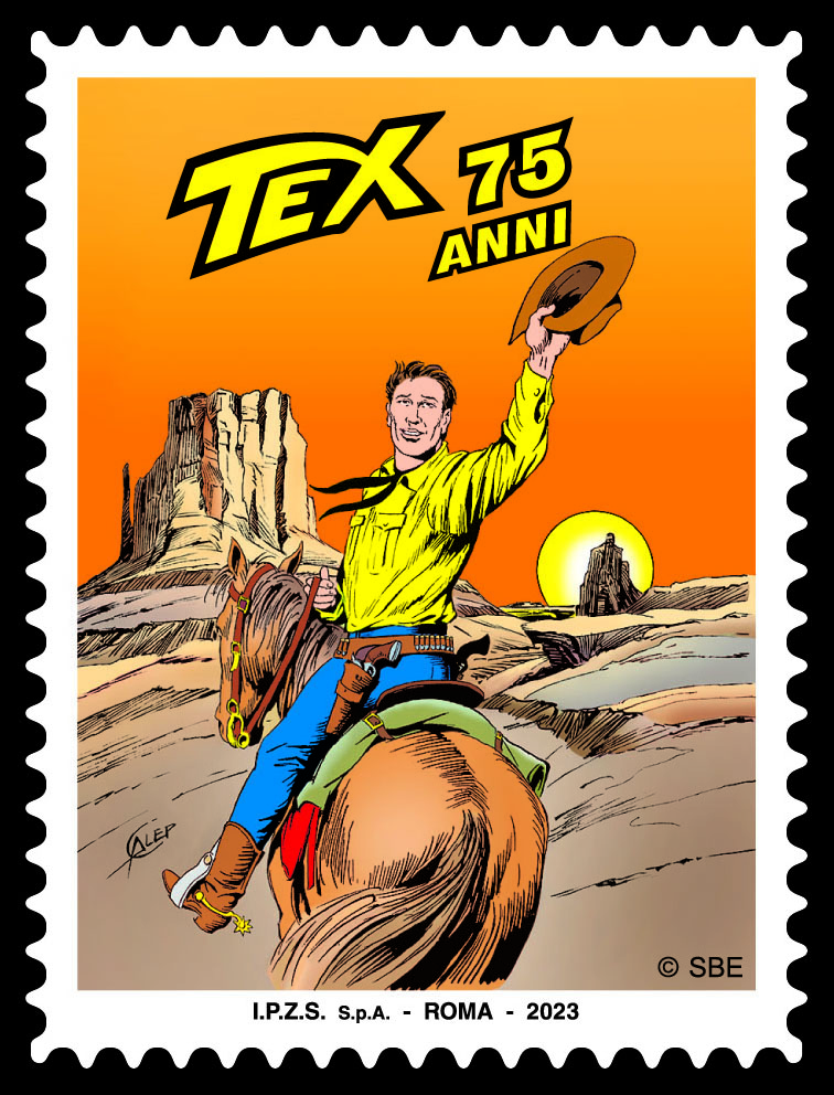 Selo sem valor postal reproduzindo a capa de Tex número 400, a última desenhada por Aurelio Galleppini