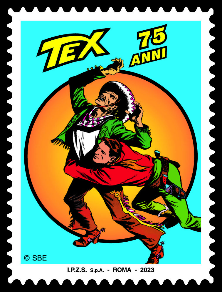 Selo sem valor postal reproduzindo a primeira capa de Tex no chamado formato Bonelli, datada de 1958