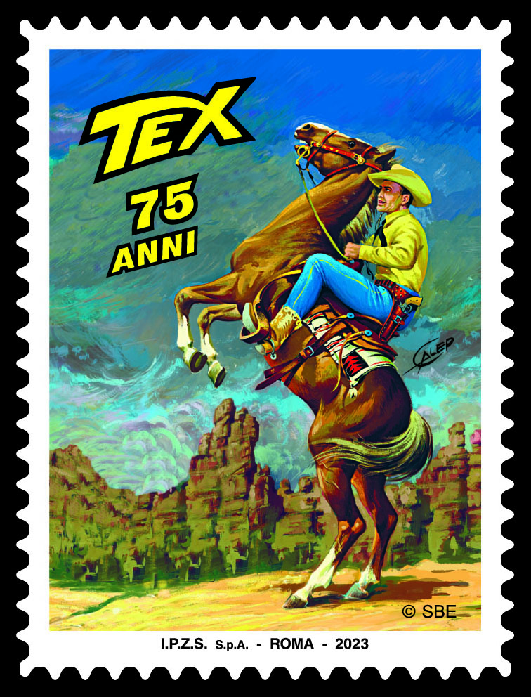 Selo sem valor postal reproduzindo uma ilustração icónica do protagonista empinado no seu fiel cavalo Dinamite numa paisagem característica do Velho Oeste