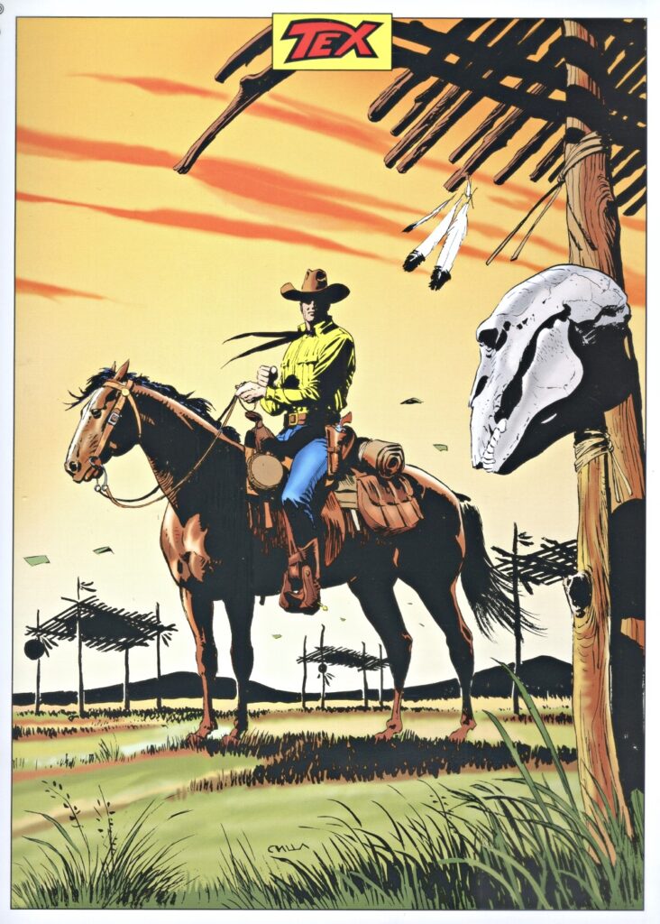 Ilustração da autoria de Claudio Villa onde podemos ver Tex Willer a observar com comoção, num verdejante vale situado nas Colinas Azuis, algumas já frágeis estruturas de “scaffold“, as sepulturas aéreas das vítimas indígenas, assim como as sepulturas de 25 afoitos soldados e 3 oficiais eficientes e ambiciosos mortos num combate ocorrido um ano antes entre o 5º de Cavalaria do Exército Americano e os índios Sioux do chefe Ongewa