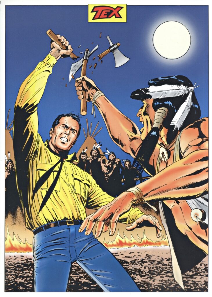 Nesta ilustração de Claudio Villa, vemos Tex Willer lutando um combate de vida ou morte com tomahawks no círculo da morte (o combate era disputado no interior de um círculo em chamas e terminava com a morte de um dos dois oponentes se bem que quem ultrapassasse o círculo de fogo durante as fases da luta era abatido no acto por um dos guerreiros Sioux armados de arco e flecha que rodeavam o círculo) com Mahonga, o chefe dos índios Teton