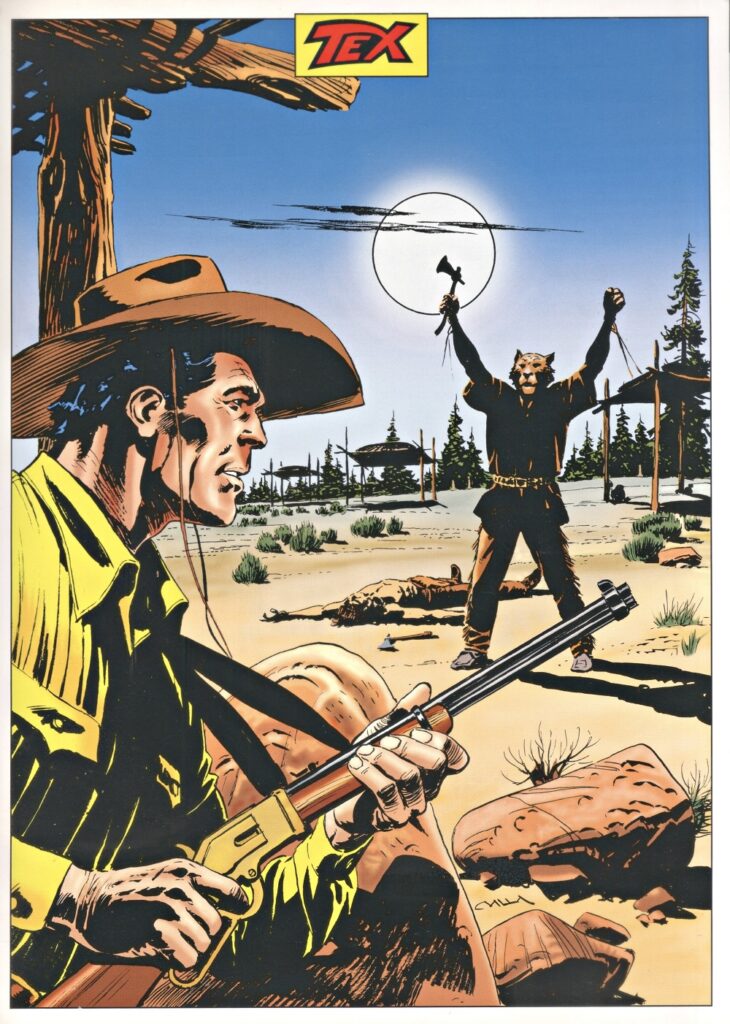 Desenho saído do génio criativo de Claudio Villa onde vislumbramos o preciso momento em que Tex Willer assiste em pleno cemitério indígena dos sioux, nas Blue Hills, chamado pelos índios como “a sagrada colina da glória”, ao gesto triunfal da vitória ocorrida momentos antes pelo capitão Richard Larrimer (nas vestes do “espírito mau das colinas“) contra Mahonga, o orgulhoso chefe dos sioux, que antes de morrer também acabou por ferir mortalmente o próprio capitão Richard Larrimer