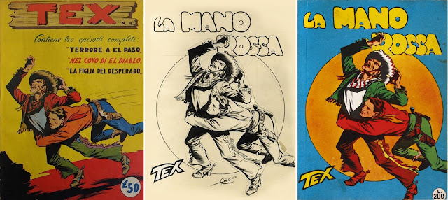 A famosa capa de 'La mano rossa' nasceu do recorte da ilustração da capa do quarto Albo d'Oro de Tex