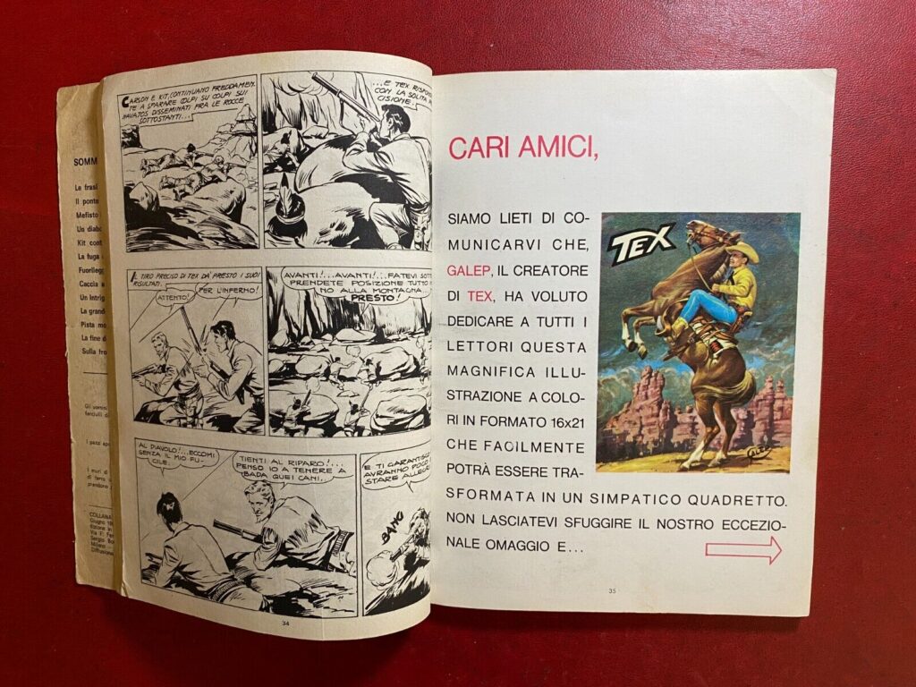 O anúncio publicado em Tex Tre Stelle número 40 Il ponte tragico, em Junho de 1967, referente à magnífica ilustração de Tex da autoria de Aurelio Galleppini