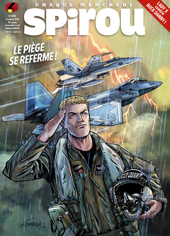 “Buck Danny” em episódios na revista semanal “Spirou”. Capa do número 4095 de 5 de outubro de 2016, editora Dupuis.