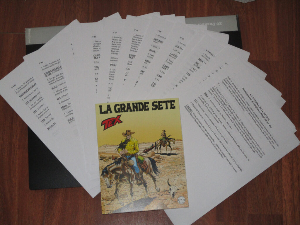 Um dos maiores tesouros da minha colecção de Tex: roteiro completo de Gianfranco Manfredi da aventura 'La grande sete', desenhada por Fabio Civitelli
