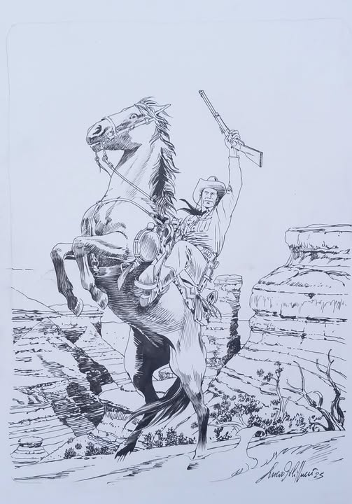 A arte original a preto e branco da deslumbrante ilustração oficial de Lucio Filippucci para a 10ª Mostra do Clube Tex Portugal