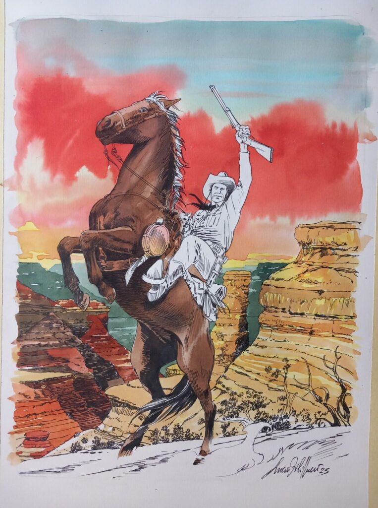 A arte semi-pintada da deslumbrante ilustração oficial de Lucio Filippucci para a 10ª Mostra do Clube Tex Portugal