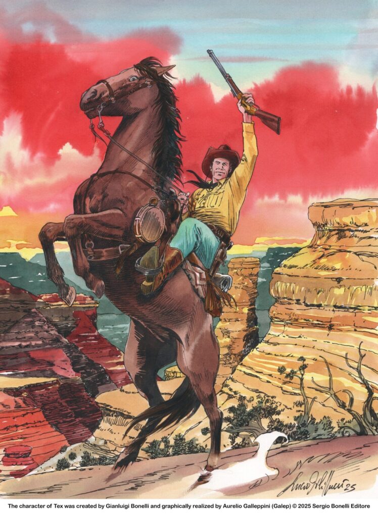“Das montanhas áridas do Arizona, Tex, montado no seu inseparável Dinamite, despede-se da aldeia navajo antes de galopar até Anadia... a deslumbrante ilustração oficial de Lucio Filippucci para a 10ª Mostra do Clube Tex Portugal