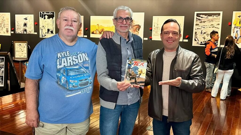 Dorival Vitor Lopes, Pedro Mauro e Thiago Gardinali no lançamento do Tex Colorido - 9ª Mostra do Clube Tex Portugal, 2024
