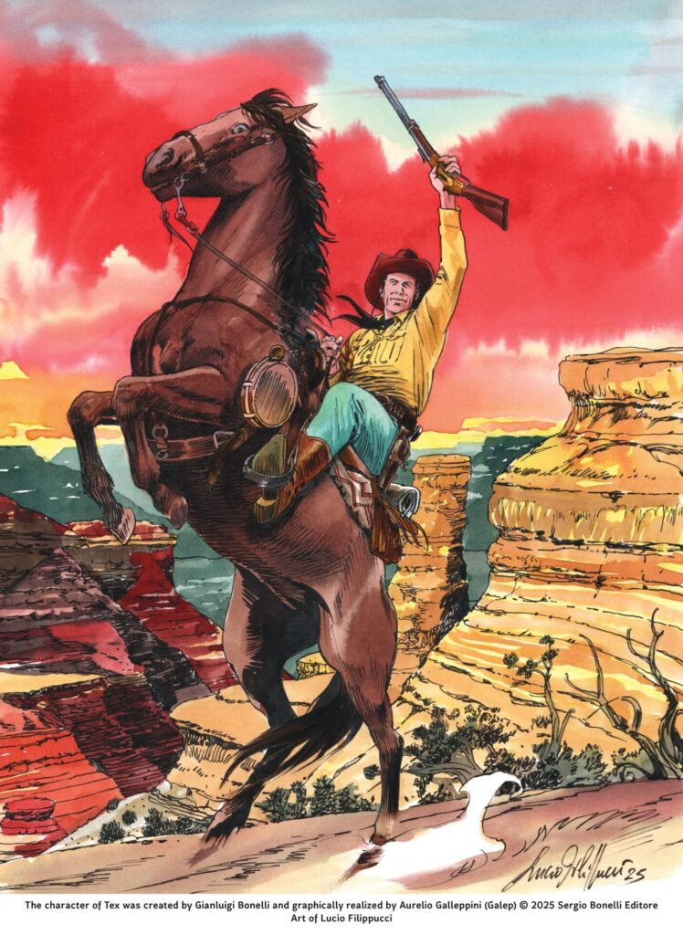 “Das montanhas áridas do Arizona, Tex, montado no seu inseparável Dinamite, despede-se da aldeia navajo antes de galopar até Anadia, para apadrinhar mais uma Mostra do Clube Tex Portugal”; Arte de Lucio Filippucci