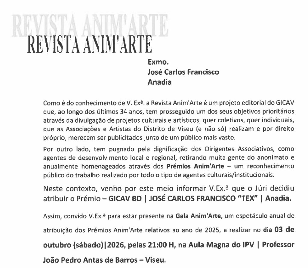 José Carlos Francisco galardoado com o Prémio Anim'Arte GICAV BD